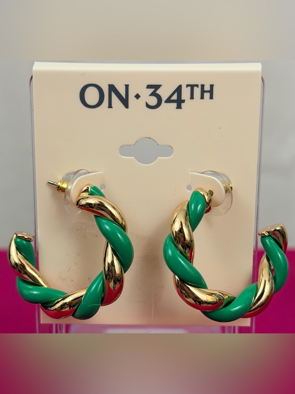 ON·34TH Emerald Green and Gold Chunky Twisted Hoop Earrings. NWT
